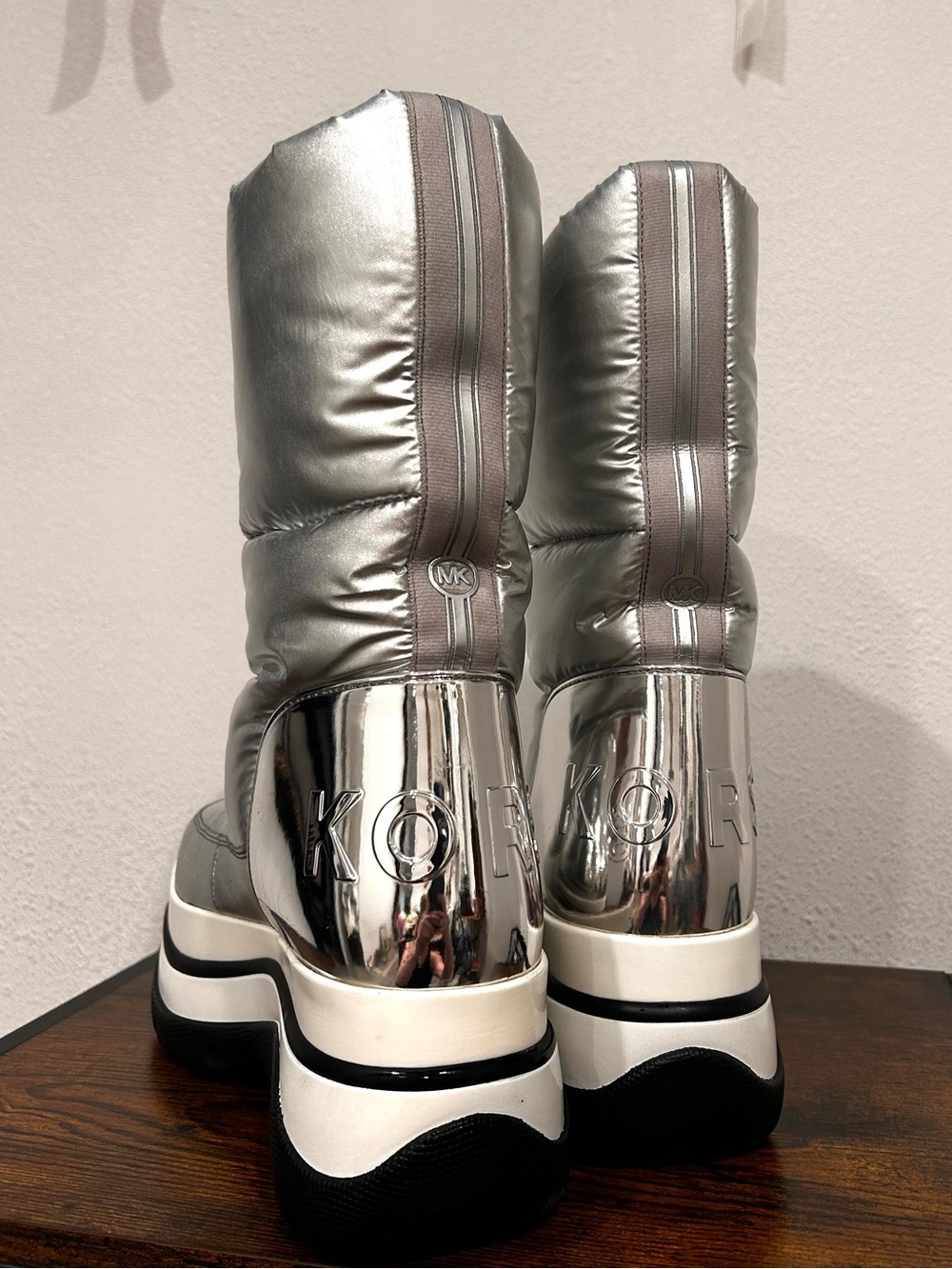 Michael Kors Silver Metallic Platform Puffer Boots